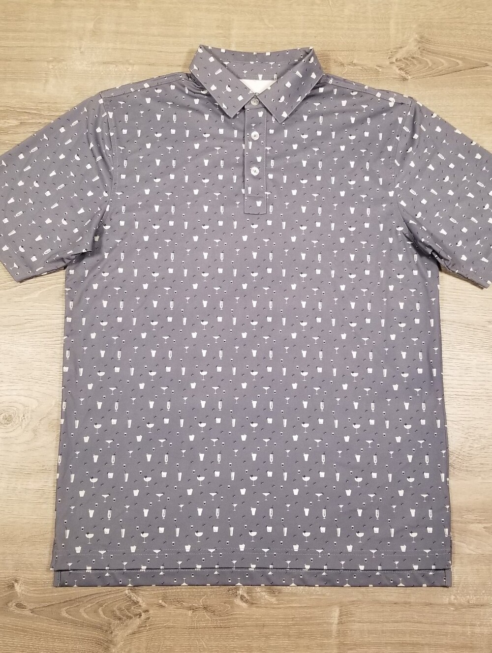 Straight Down Men’s Gray AOP Cocktail Happy Hour Performance Polo Shirt Size M